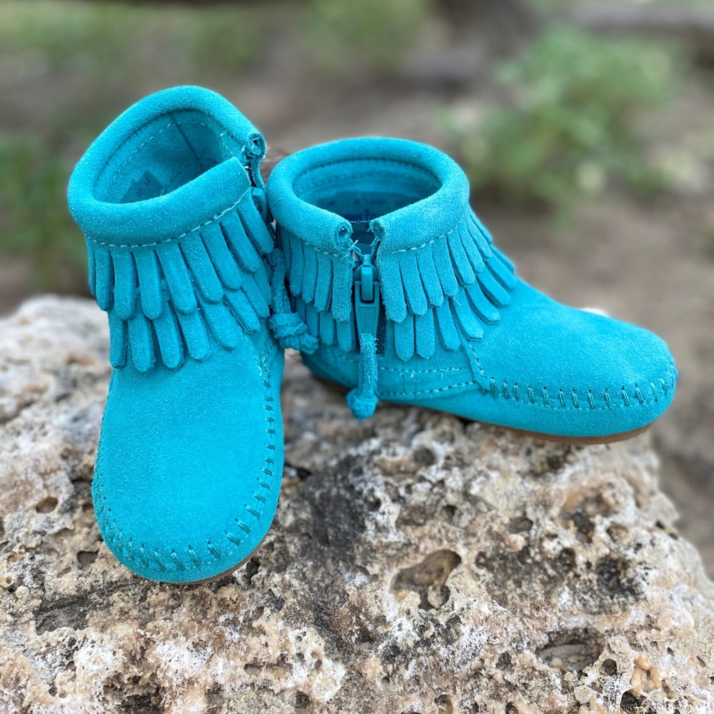 Infant double fringe bootie,side zipper, turquoise